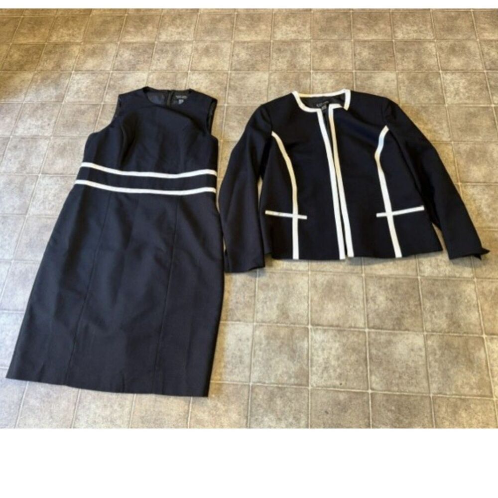 Black Label by Evan Picone 2-Piece Dress Set Size 14 Black White Stripe Jacket